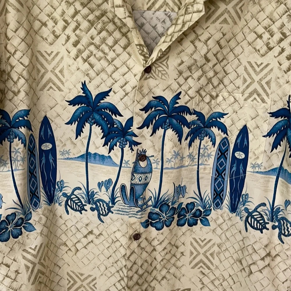 Winnie Fashion Hawaiian Button Up Shirt USA Palm Surf Beige Gray Mens XL - Picture 2 of 14